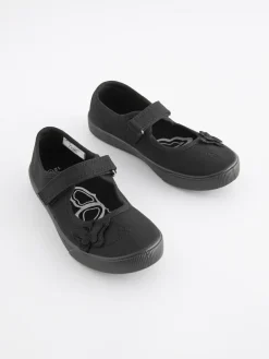 New Next Standard Fit (F) Butterfly Embroidered School Plimsoll Shoes Black