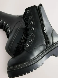 Online Next Standard Fit (F) Leather Chunky Lace-Up Boots Black