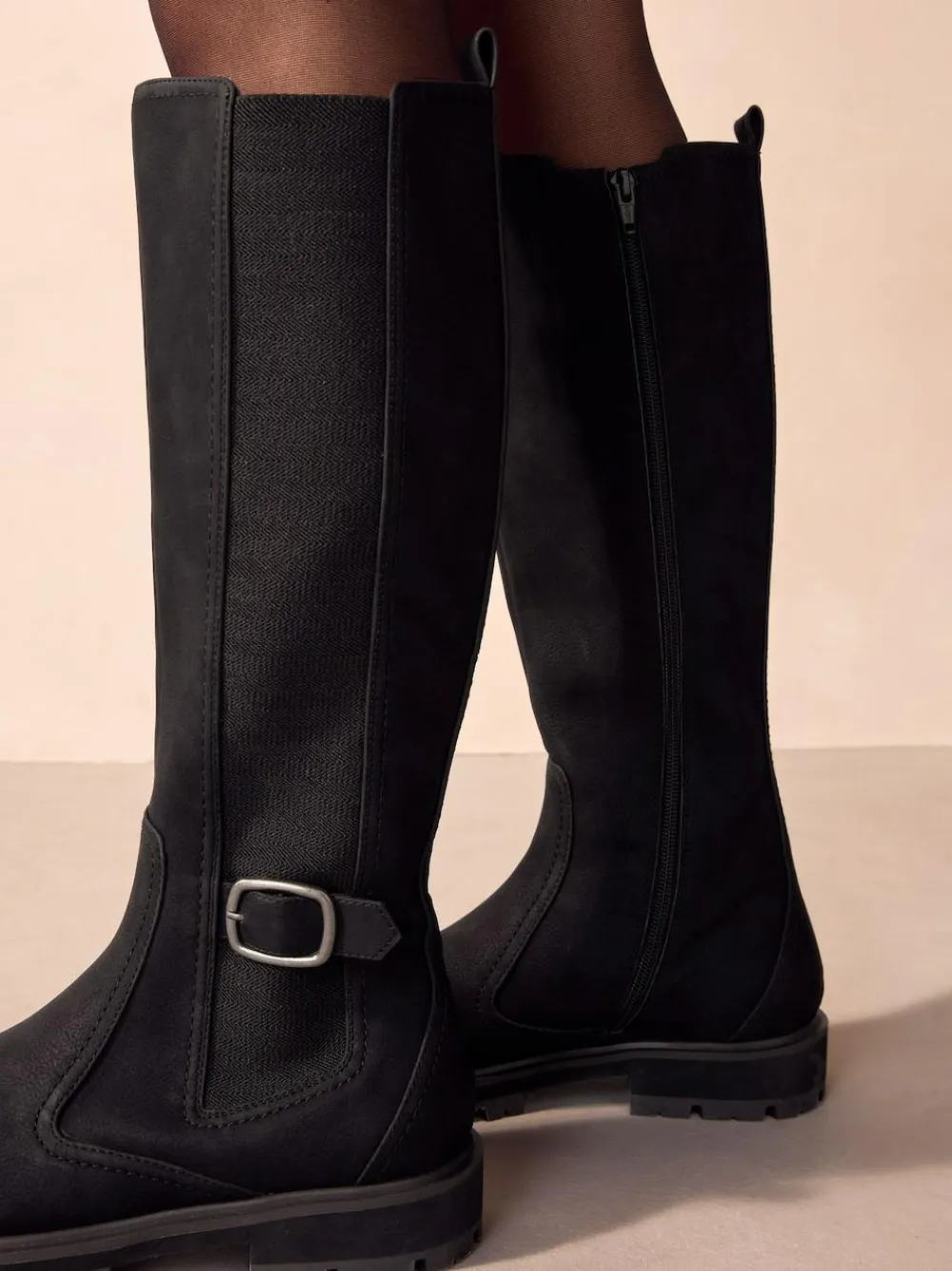 Best Next Standard/Wide Fit Knee High Buckle Chelsea Boots Black