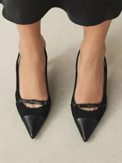 Best Next Forever Comfort® Leather Pointed Cutout Bow Slingback Heels Black Suede