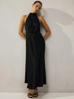 Next Black Textured Satin Halter Sleeveless Midi Dress^Women Maxi Dresses