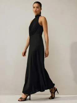 Next Black Textured Satin Halter Sleeveless Midi Dress^Women Maxi Dresses