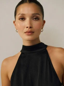 Next Black Textured Satin Halter Sleeveless Midi Dress^Women Maxi Dresses