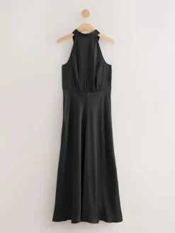 Next Black Textured Satin Halter Sleeveless Midi Dress^Women Maxi Dresses