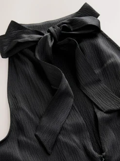 Next Black Textured Satin Halter Sleeveless Midi Dress^Women Maxi Dresses