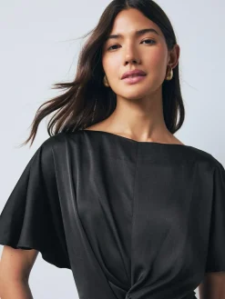 Clearance Next Textured Satin Short Sleeve Twist Front Midi Dress Black