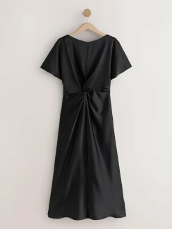 Clearance Next Textured Satin Short Sleeve Twist Front Midi Dress Black