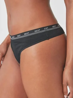 Next Thong Cotton Logo Knickers 4 Pack Black
