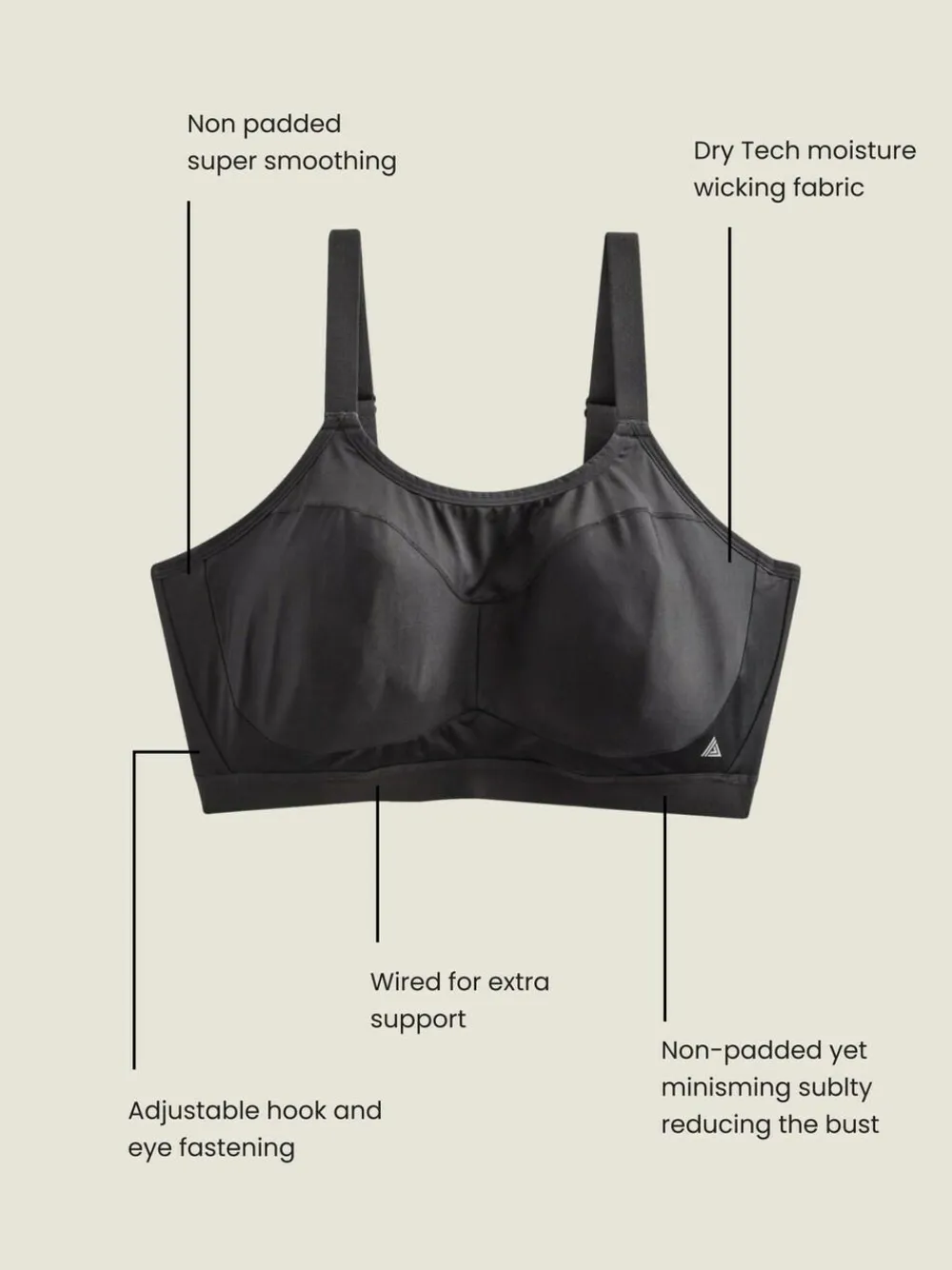 Hot Next Ultimate Support Non Pad Minimising Wired Dry Tech High Impact Sports Bra Black