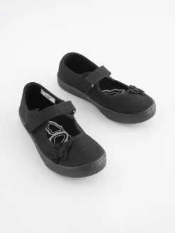 Next Black Wide Fit (G) Butterfly Embroidered School Plimsoll Shoes^ Shoes