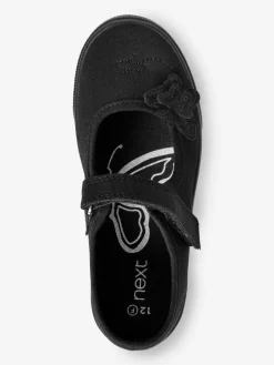 Next Black Wide Fit (G) Butterfly Embroidered School Plimsoll Shoes^ Shoes