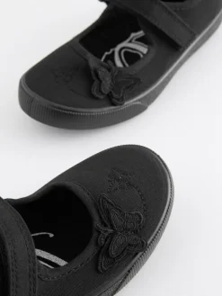 Next Black Wide Fit (G) Butterfly Embroidered School Plimsoll Shoes^ Shoes