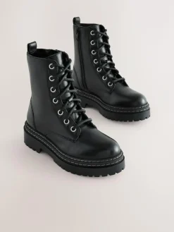 Hot Next Black Wide Fit (G) Leather Chunky Lace-Up Boots