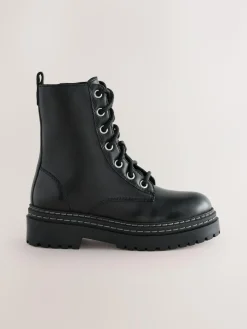 Hot Next Black Wide Fit (G) Leather Chunky Lace-Up Boots