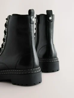 Hot Next Black Wide Fit (G) Leather Chunky Lace-Up Boots