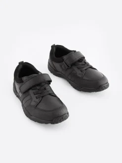 Clearance Next Black Wide Fit (G) School Leather Elastic Lace Shoes