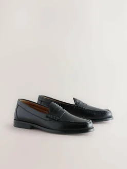 Next Wide Fit Leather Penny Loafers Black