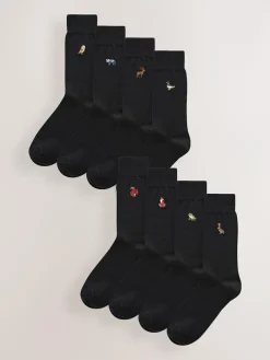 Clearance Next Fun Embroidered Socks 8 Pack Black Woodland