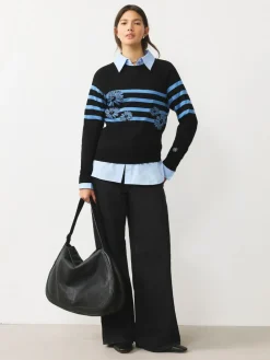 Next Black/Blue Floral Stripe Soft Touch Crew Neck Cotton Rich Jumper^Women Nightwear|Knitwear