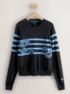 Next Black/Blue Floral Stripe Soft Touch Crew Neck Cotton Rich Jumper^Women Nightwear|Knitwear