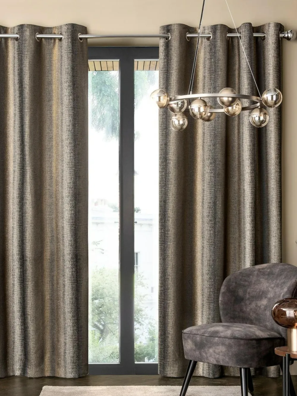 Next Metallic Stripe Eyelet Blackout/Thermal Curtains Black/Bronze Gold