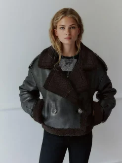 Discount Next Black/Chocolate Brown Faux Shearling Cropped Aviator Jacket