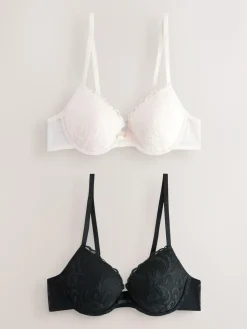 Next Black/Cream Pad Plunge Embroidered Bras 2 Pack^Women Bras