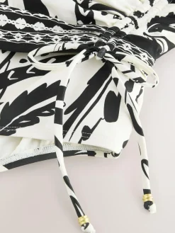 Next Black/Cream Palm Ruched Side Tummy Shaping Control Swimsuit^Women Swimwear