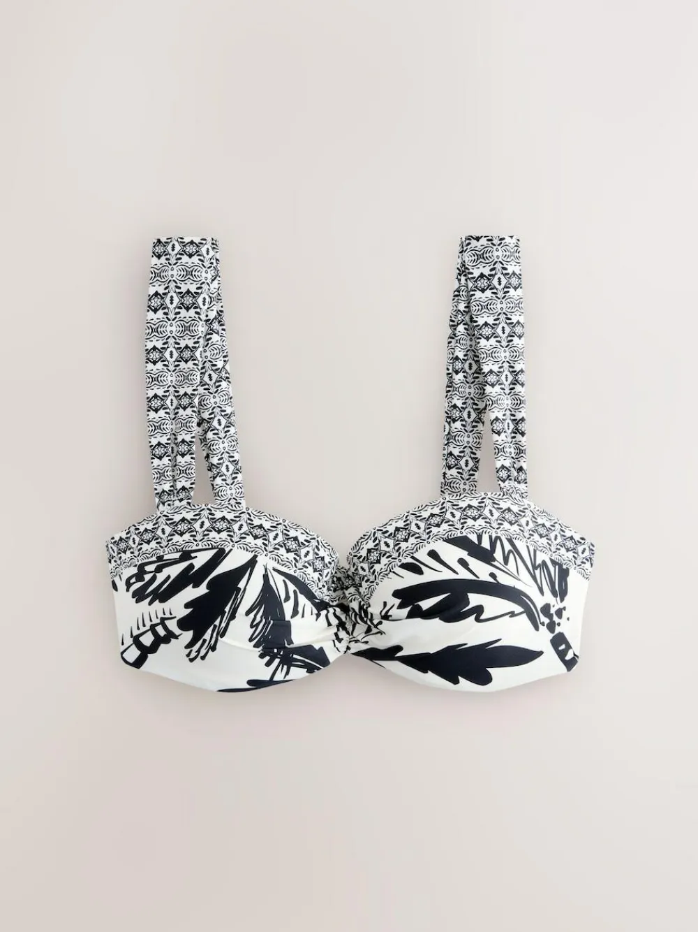 Online Next Black/Cream Palm Wired Bandeau Bikini Top