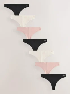 Next Black/Cream/Pink Thong Cotton Blend No VPL Knickers 7 Pack^Women Panties|All Lingerie
