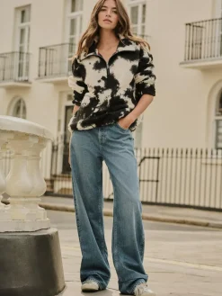 Next Black/Ecru Cow Print Soft Touch Cosy Teddy Borg Quarter Zip Fleece^Women Loungewear|Hoodies & Sweatshirts