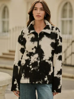 Next Black/Ecru Cow Print Soft Touch Cosy Teddy Borg Quarter Zip Fleece^Women Loungewear|Hoodies & Sweatshirts