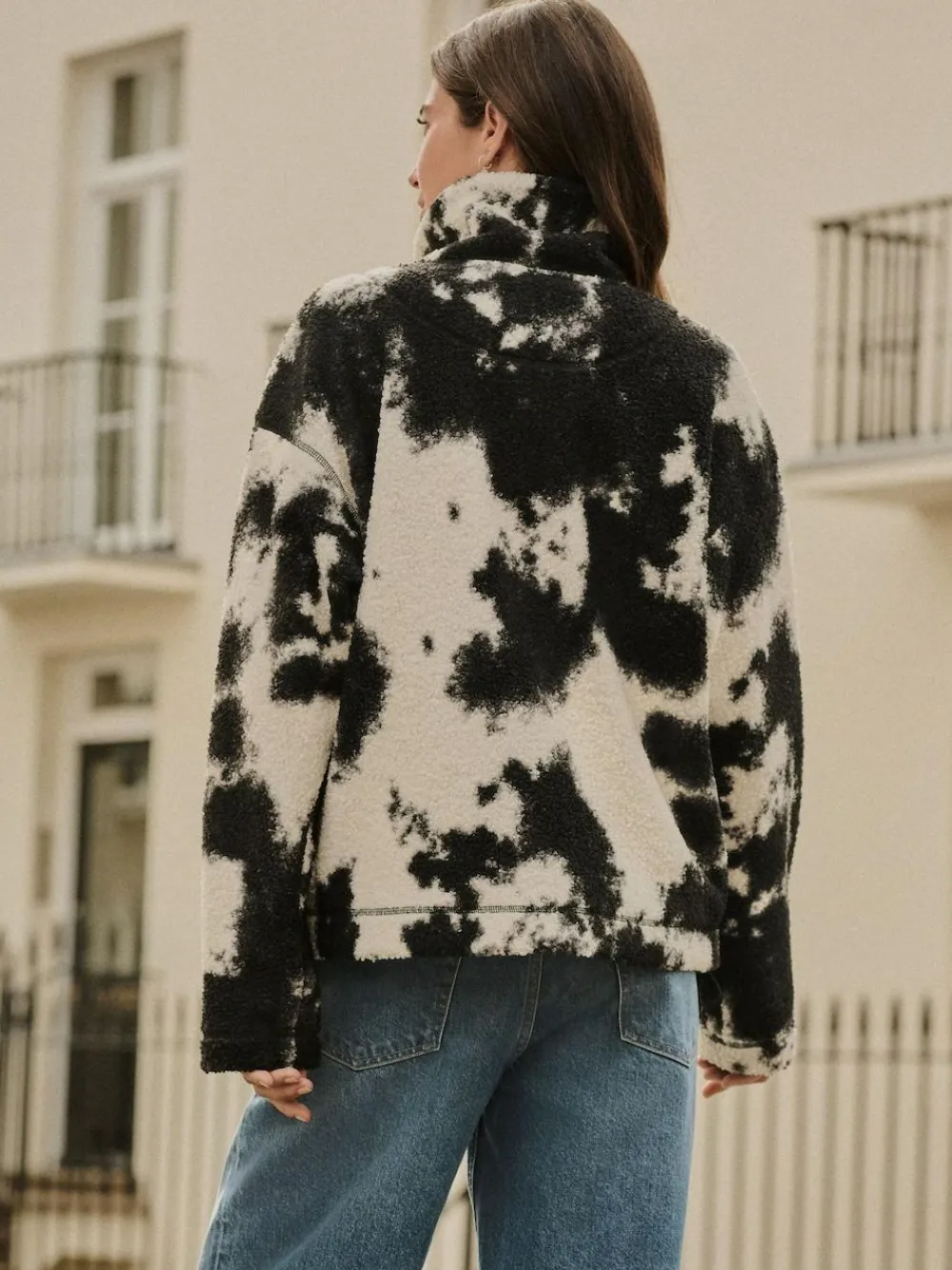 Next Black/Ecru Cow Print Soft Touch Cosy Teddy Borg Quarter Zip Fleece^Women Loungewear|Hoodies & Sweatshirts