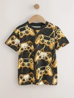 Online Next Black/Gold Controller Regular Fit Short Sleeve All-Over Print T-Shirt (3-16yrs)