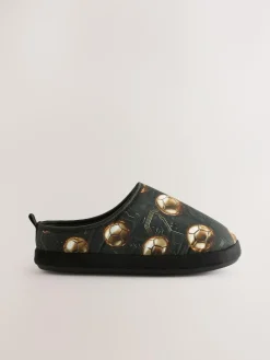 Online Next Black/Gold Football Warm Lined Slipper Mules