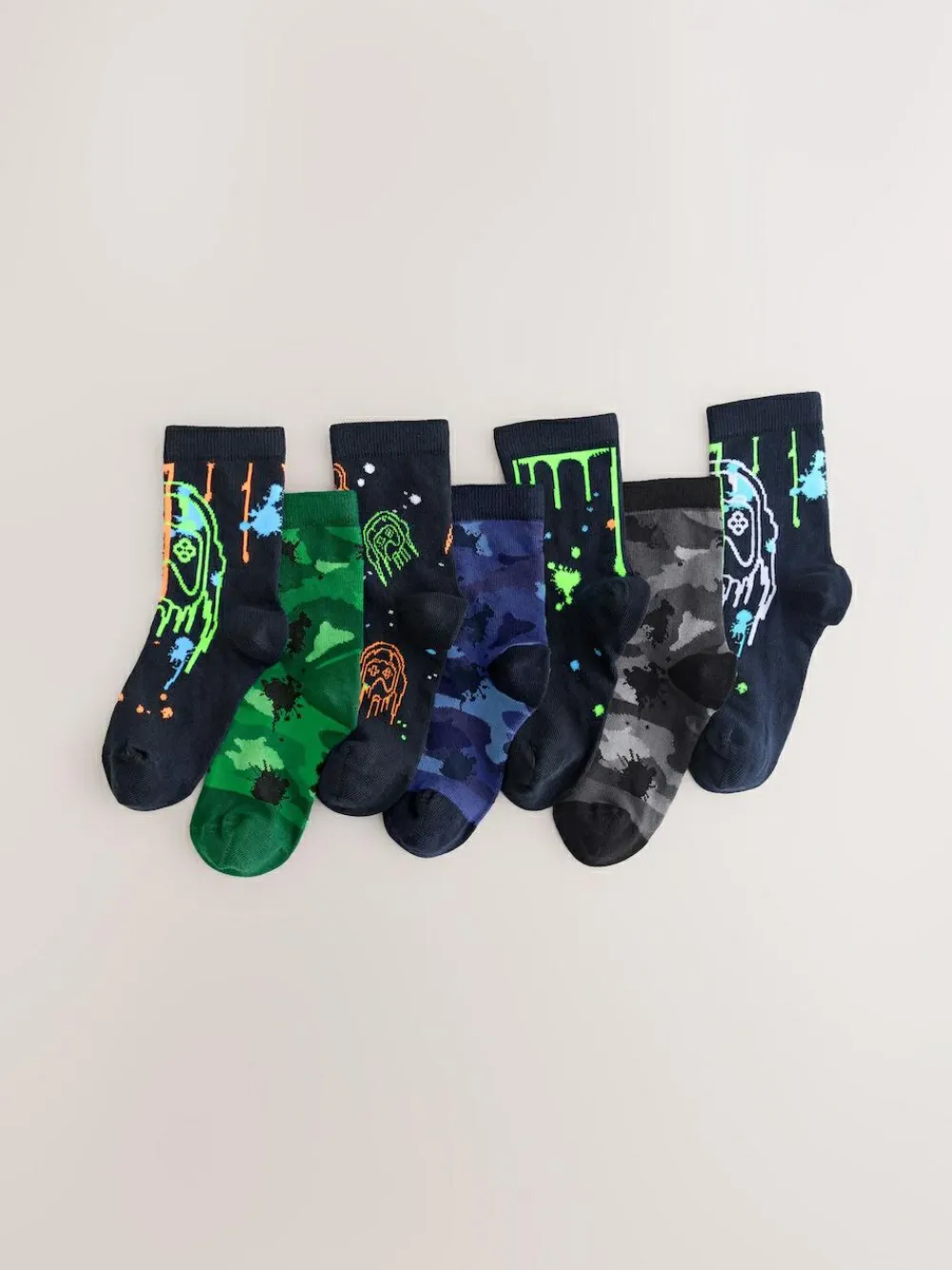 Next Black/Green Drippy Gamer Cotton Rich Socks 7 Pack^BOY Socks