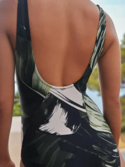 Sale Next Twist Scoop Tummy Control Swimsuit Black/Green Leaf