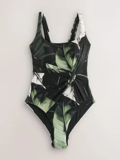 Sale Next Twist Scoop Tummy Control Swimsuit Black/Green Leaf