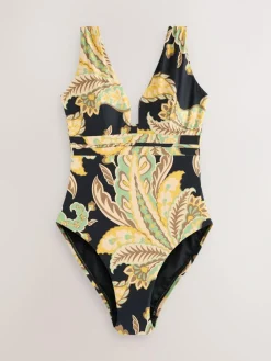 Next Black/Green Paisley Plunge Shaping Tummy Control Swimsuit^Women Swimwear