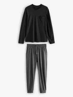 Next Black/Grey Long Sleeve Cuffed 100% Cotton Pyjamas^ Pyjamas|Nightwear