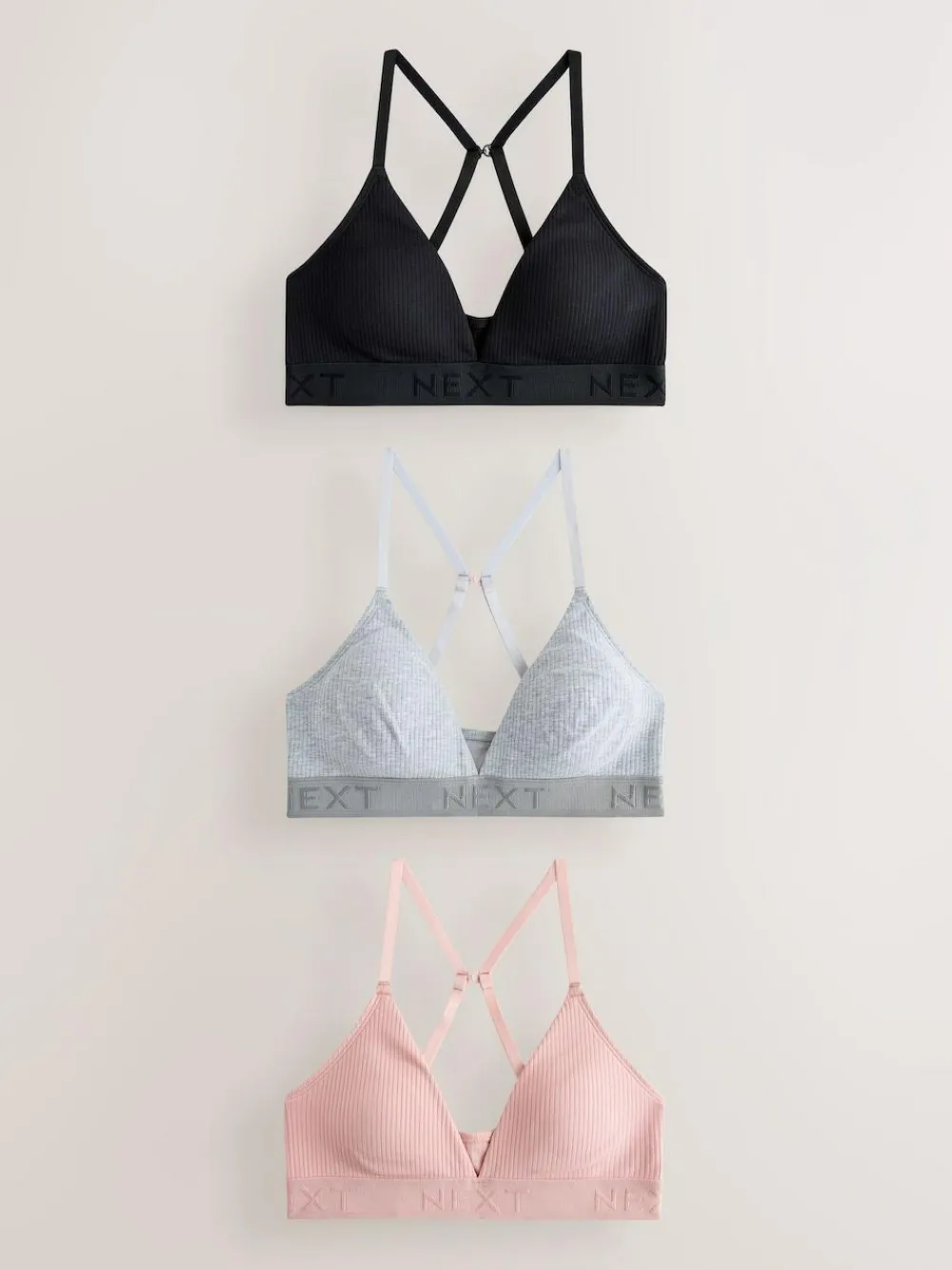 Outlet Next Cotton Ribbed Logo Bralettes 3 Pack Black/Grey/Pink
