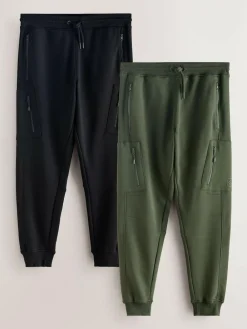 New Next Slim Fit Utility Brushback Heavyweight 2 Pack Cargo Joggers Black/Khaki Green