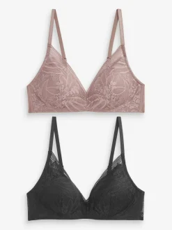Online Next Pad Non Wire Lace Detail Ultimate Comfort Bras 2 Pack Black/Mauve Purple