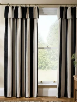 Next Chenille Stripe Ruffle Top Fold Over Lined Curtains Black/Natural