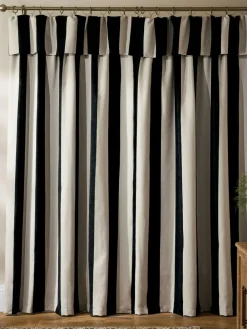 Next Chenille Stripe Ruffle Top Fold Over Lined Curtains Black/Natural
