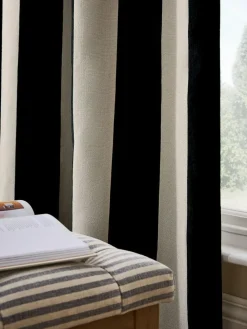 Next Chenille Stripe Ruffle Top Fold Over Lined Curtains Black/Natural