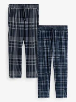Next Black/Navy Blue Check Jersey 100% Cotton Pyjama Bottoms 2 Pack^ Pyjamas