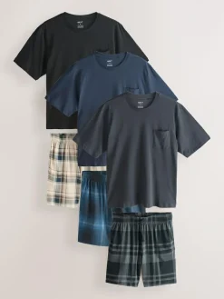 Clearance Next Black/Navy Blue Jersey Check Short Sleeve Pyjamas Set 3 Pack