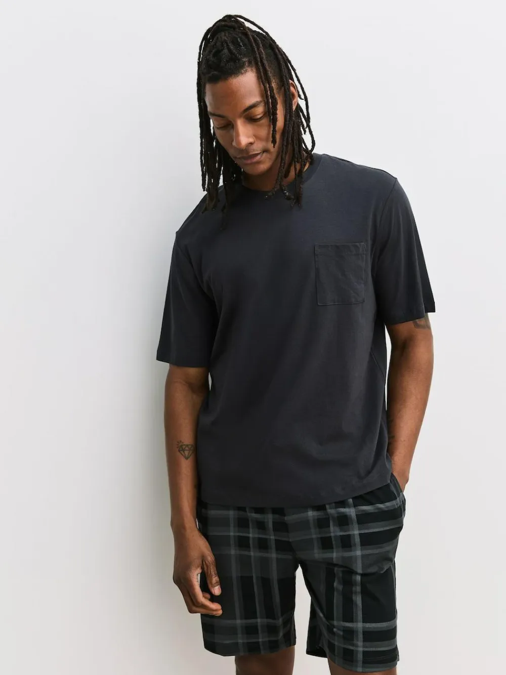 Clearance Next Black/Navy Blue Jersey Check Short Sleeve Pyjamas Set 3 Pack