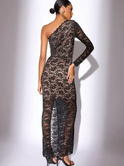 Discount Lipsy Black/Nude Petite Lace One Shoulder Bodycon Midaxi Dress